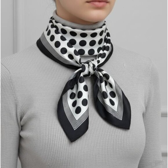 ⭐Polka Dot Silky Scarf Classic Chic Black  White Timeless Style Luxurious Soft - Picture 1 of 7